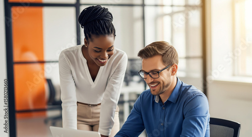 Diverse colleagues collaborate happily over a laptop in a modern office setting Free Download Diverse colleagues collaborate happily over a laptop in a modern office setting - GFXLoad