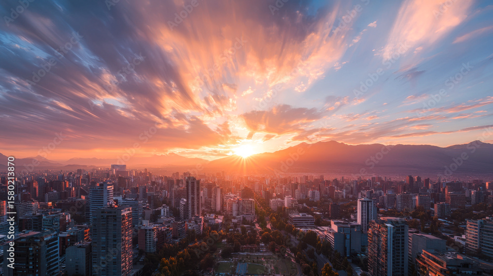 Fototapeta premium Sunset over a sprawling city skyline with mountains in the distance