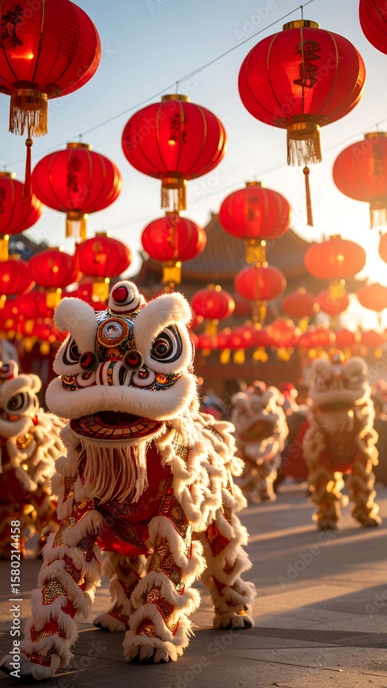 Fototapeta premium Lion dance under red lanterns