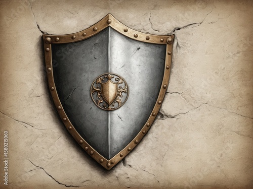  An intricately etched medieval shield emblem on a rugged stone surface