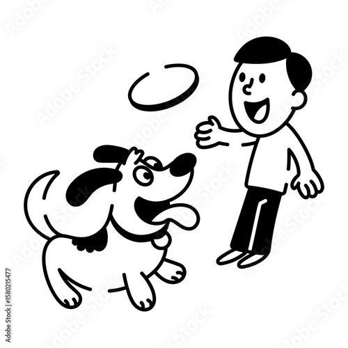 A hand drawn style icon showing playing fetch  
