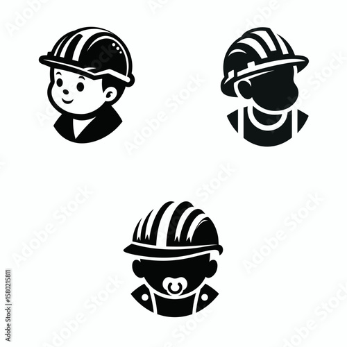 A baby wear contruction engineer helmet. Silhouette Clipart Line Art Vector Illustration. Infant donning hard hat for building job protective headgear child.