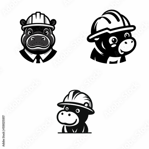 A baby hippo wear contruction engineer helmet. Silhouette Clipart Line Art Vector Illustration. Little kid using builder hard hat for work at building location.
