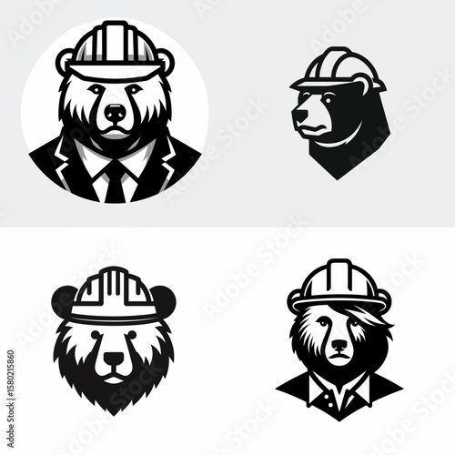 A Bear wear contruction engineer helmet. Silhouette Clipart Line Art Vector Illustration. Wild animal donning hard hat for site job protection builder headgear.
