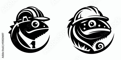 A Chameleon wear contruction engineer helmet. Silhouette Clipart Line Art Vector Illustration. Lizard donning hard hat safety gear for reptile worker at building job.