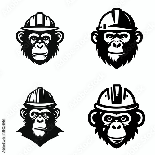 A Chimpanzee wear contruction engineer helmet. Silhouette Clipart Line Art Vector Illustration. Ape donning jobsite headgear primate involved with structure improvement.