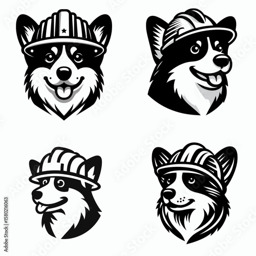 A Corgi Dog wear contruction engineer helmet. Silhouette Clipart Line Art Vector Illustration. Welsh pembroke canine in builder headgear funny pup dressed for jobsite duty.