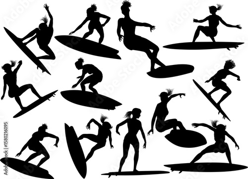 Surfer surfboard boarding female surfer surfing silhouette outlines. Women surf pose design concept.