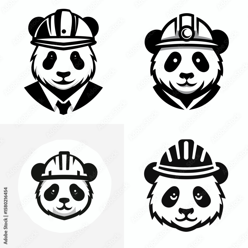 Fototapeta premium A Panda wear contruction engineer helmet. Silhouette Clipart Line Art Vector Illustration. Bear cub donning hard hat builder head protection tool for stout mammal.