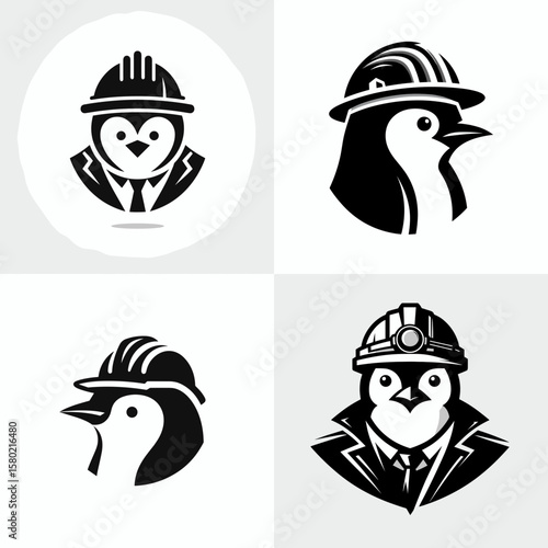 A Penguin wear contruction engineer helmet. Silhouette Clipart Line Art Vector Illustration. Avian in headgear building worker protection for flightless bird.