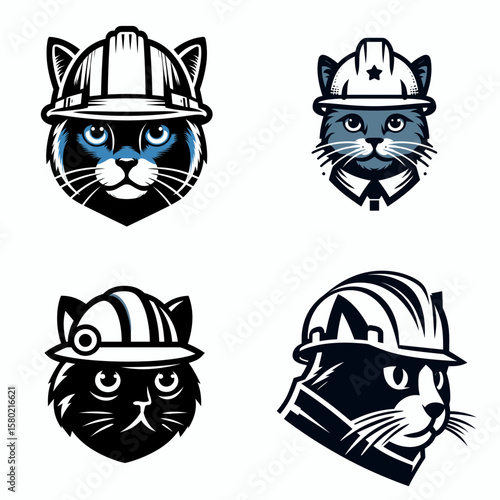 A Russian Blue Cat wear contruction engineer helmet. Silhouette Clipart Line Art Vector Illustration. Gray feline in hard hat building project overseer theme.