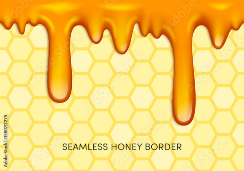 Vector Honey Drips Seamless Border. Dripping caramel, oil, paint, syrup, gold fluid honey on honeycomb yellow background. Liquid flowing sweet stains, abstract splatter design element.