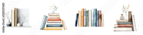 Watercolor Book Stacks and Vase Set on White Background