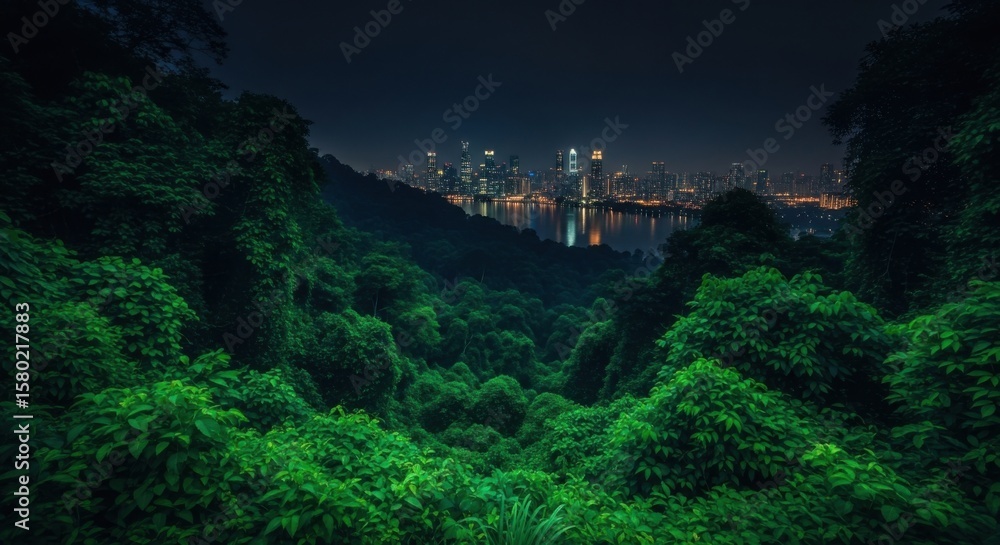 Naklejka premium Lush Tropical Rainforest Overlooks a Cityscape at Night