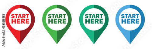 Start Here Map Pin Vector Icon Set. Colorful location pointers, GPS markers, and navigation symbols.