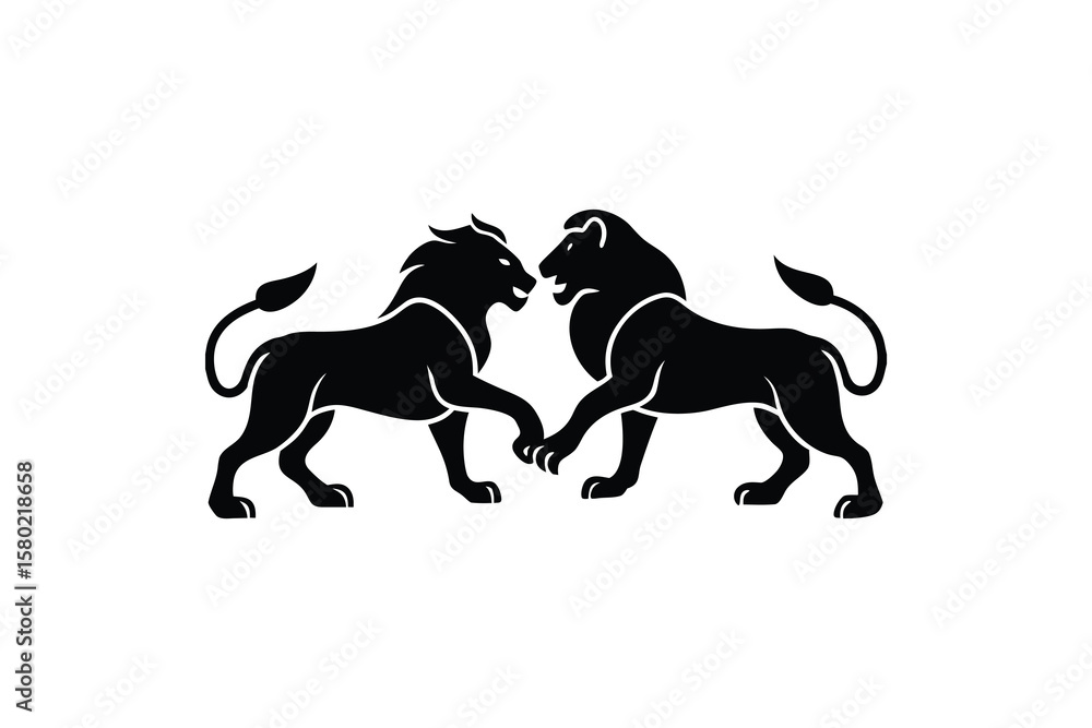 Fototapeta premium Two Lions Facing Each Other in a Confrontational Pose Rendered in a Striking Silhouette Style silhouette