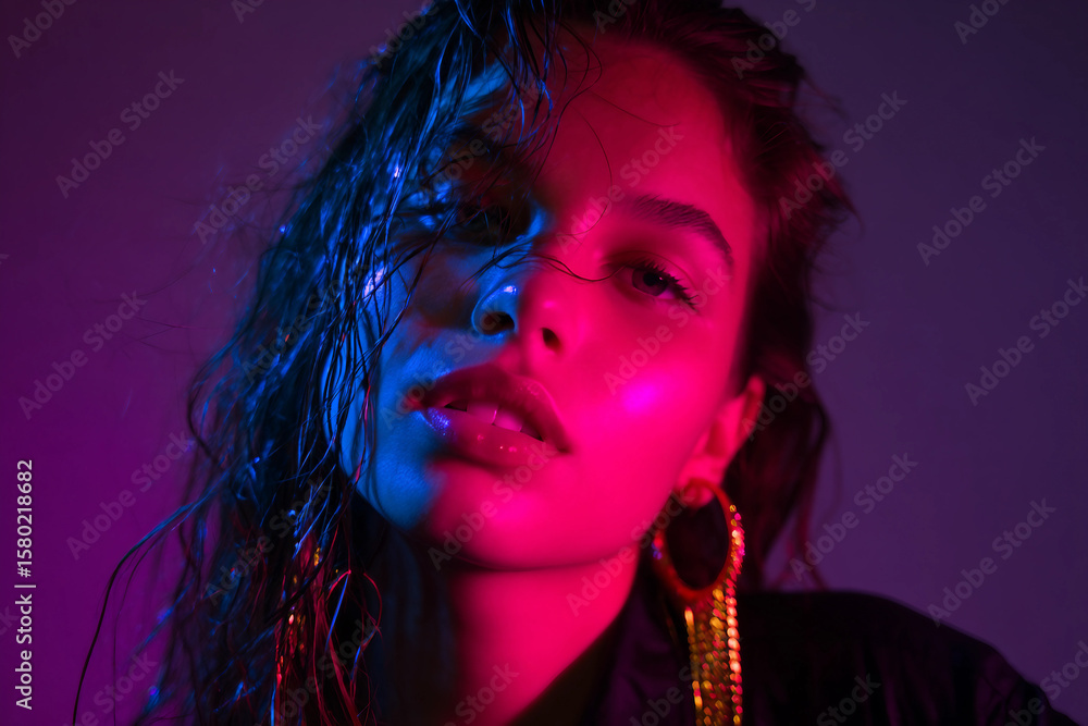 Fototapeta premium Generative AI image of person relaxing in water under neon lights during night pool party vacation with friends chilling and enjoying summer vibes