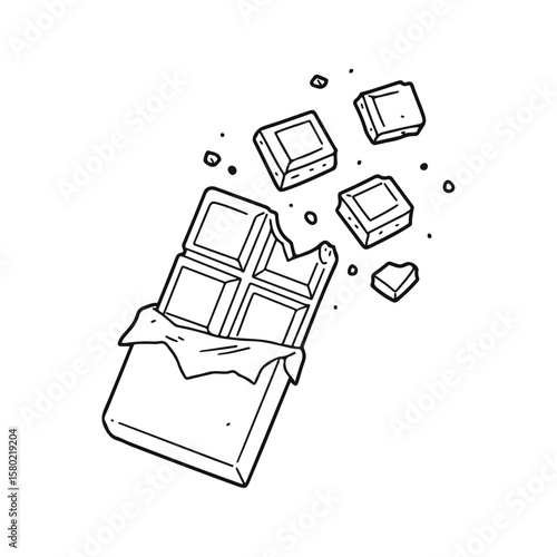 Simple cute hand-drawn vector icon line drawing of a broken chocolate bar with scattered square and irregular pieces and crumbs in minimalist black outline style on white background