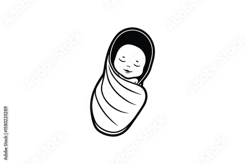 Sleeping Newborn Baby Swaddled in Blanket Minimalist Black and White Graphic Illustration silhouette