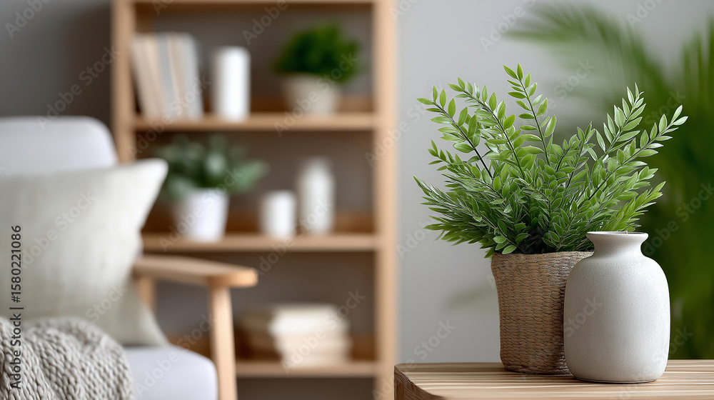 Fototapeta premium Peaceful Lifestyle Setting with Blurred Books and Plants on a Stylish Wooden Shelf, Sunlight Streaming In, home interior, blurred background, modern bookshelf, natural light, cozy living space, indoor