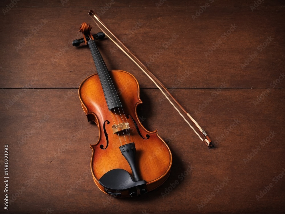 Fototapeta premium A solitary violin stands majestically against a rich wooden backdrop