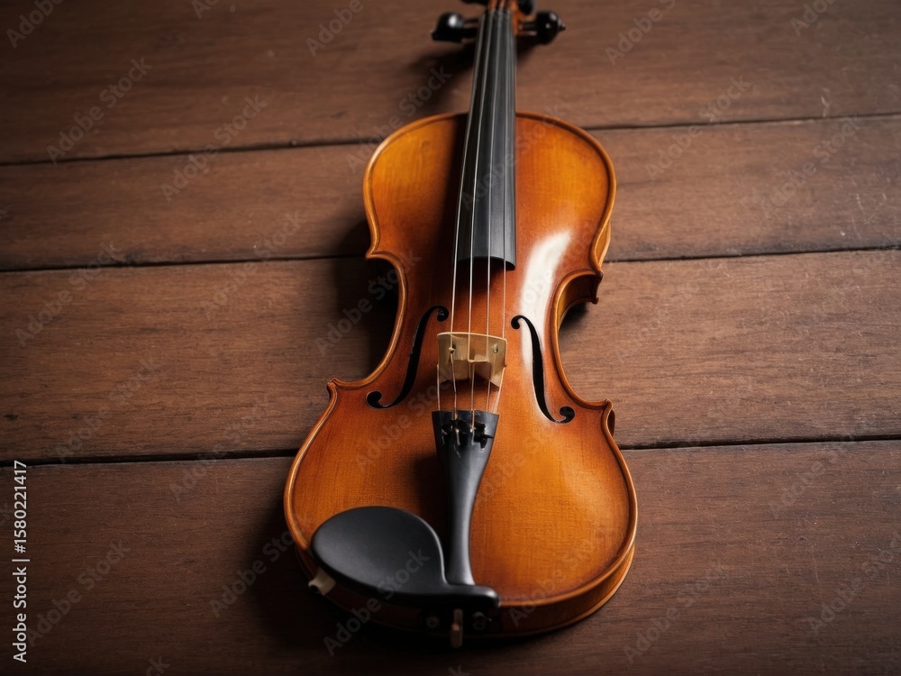 Fototapeta premium A solitary violin stands majestically against a rich wooden backdrop