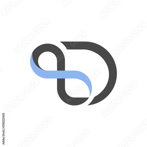 A stylized, abstract logo featuring an intertwined design resembling an infinity symbol and a "D", with elements in dark grey and light blue
