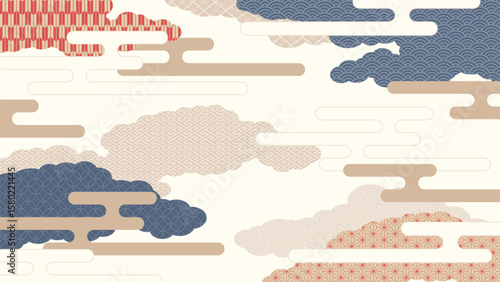 16:9の背景素材：日本の伝統的な柄を集めた霞がかかった雲の形の風景