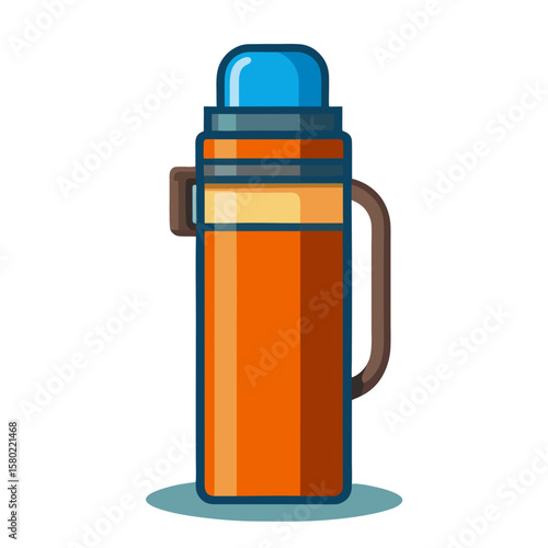 A colorful thermal flask or vacuum bottle with orange body, blue cap, and brown handle, designed to keep beverages hot or cold.