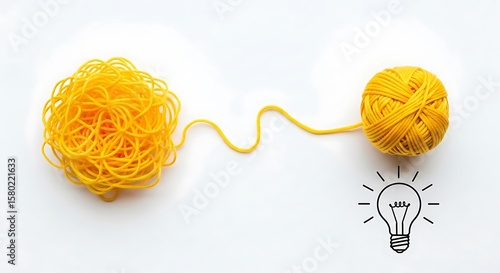 Tangled yarn transforms into a ball of creativity, symbolizing the journey from chaos to clarity.