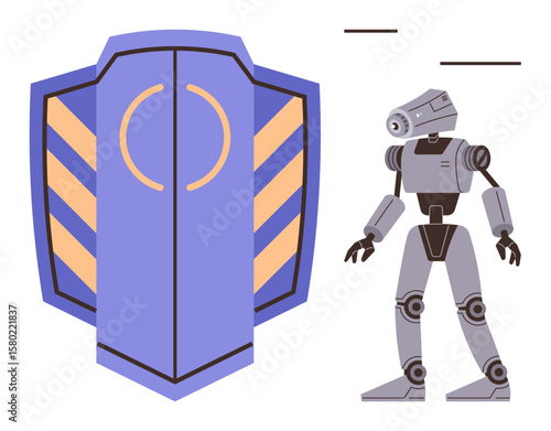 Futuristic robot standing next to shield symbolizing defense, innovation, and artificial intelligence. Ideal for technology, security, robotics, AI, innovation automation protection. Simple flat