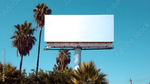 A blank billboard stands tall against a clear blue sky surrounded by lush palm trees and green foliage