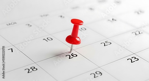 A red pushpin marks the date 26 on a white calendar page.