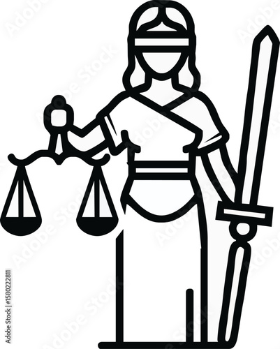 Black and white illustration of Lady Justice, holding scales and sword.