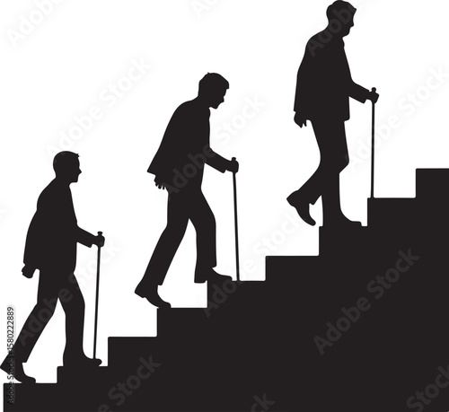 Silhouettes ascend stairs with canes people climbing
