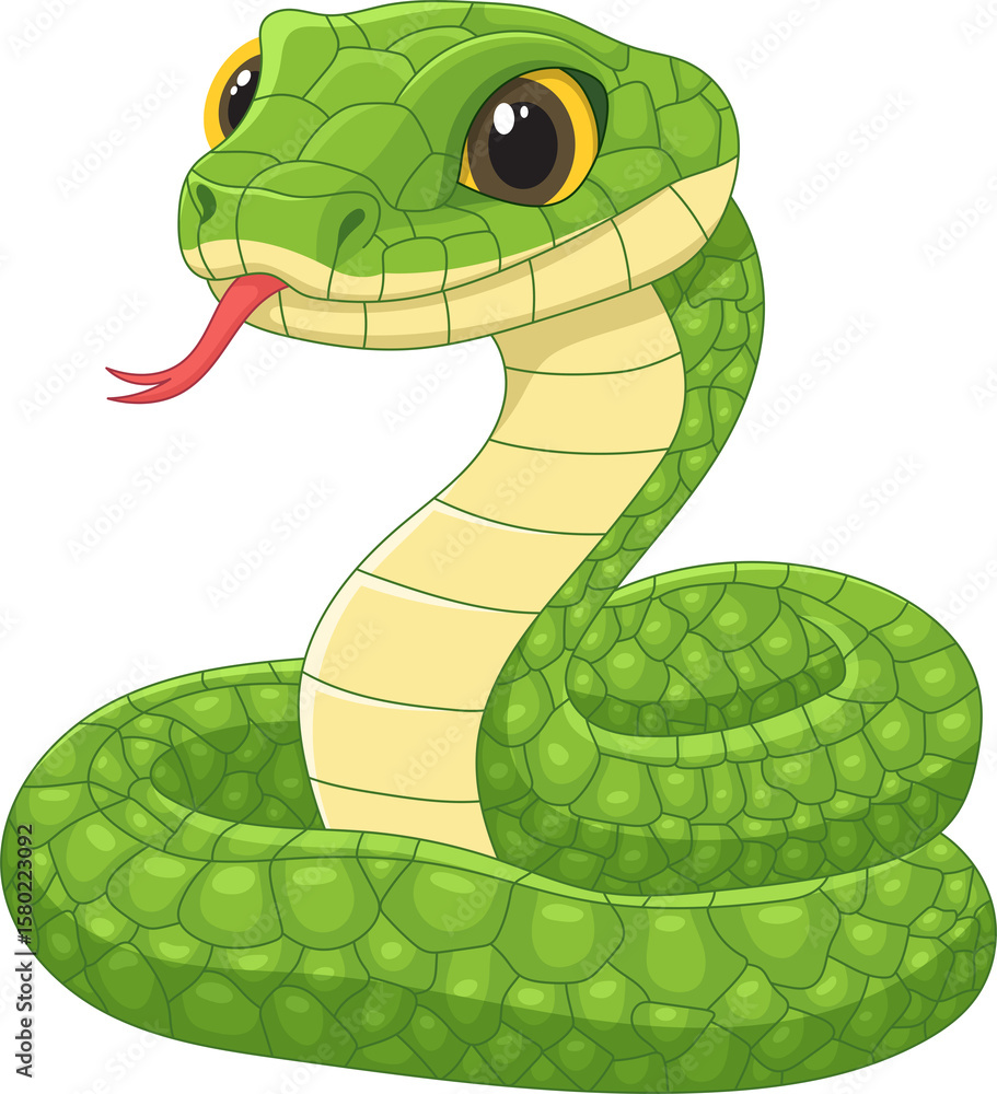 Fototapeta premium Cartoon green snake with tongue out and big eyes coiled in a striking pose.