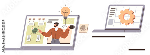 Man presenting flowchart and bulb on laptop screen, connected to purpose via plug. Next screen features gear diagram. Ideal for innovation, productivity, strategy, teamwork, technology, ideas simple