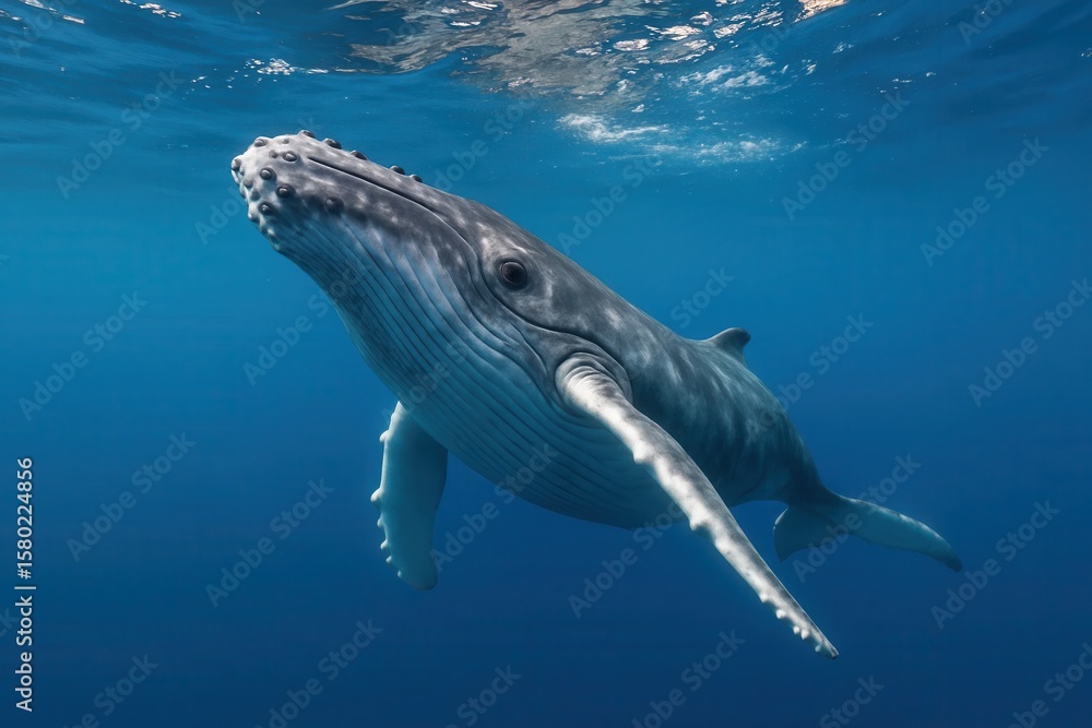 Fototapeta premium A lone humpback whale gracefully swims beneath the clear blue waters of the ocean