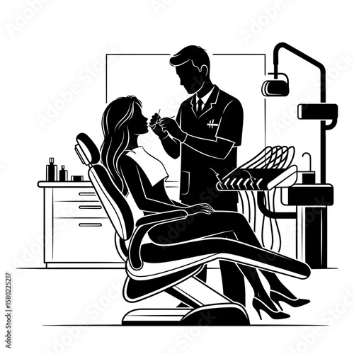 Woman in Dental Chair with Doctor - Oral Health & Dentistry Silhouette