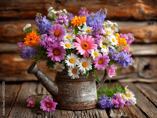 Wallpaper Mural a wicker watering can filled with a mix of colorful wildflowers. Torontodigital.ca