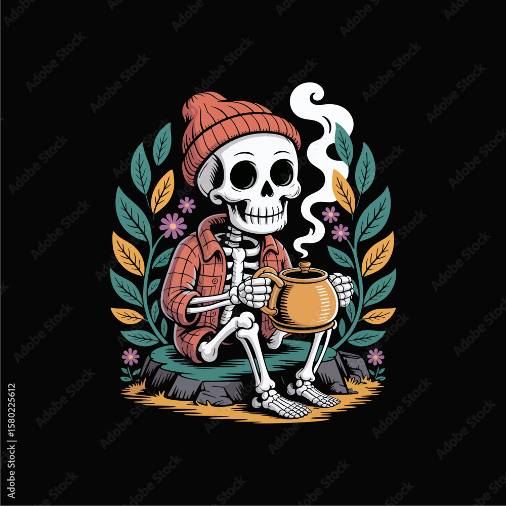 Fototapeta premium Cartoon skeleton wearing a beanie and flannel shirt, sitting on a rock, holding a steaming pot.