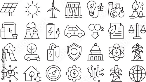 Renewable Energy and Sustainable Technology Line Icons Set – Solar, Wind, EV Charging, Hydrogen, Smart Grid, Eco Industry and Clean Power Symbols