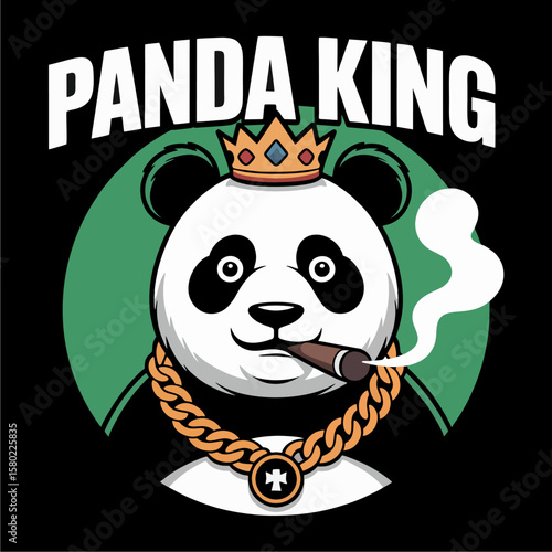 A cartoon panda wearing a crown and gold chain, smoking a cigar, on a black background with a green circle.