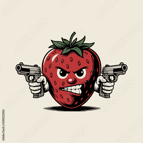 An angry strawberry character brandishes two pistols, a vintage-style illustration.