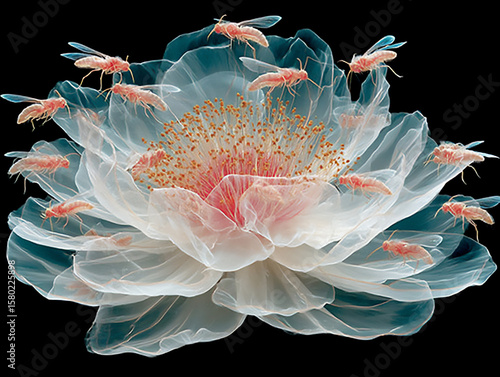 miniature holographic insects buzzing around a virtual flower in a digital terrarium.