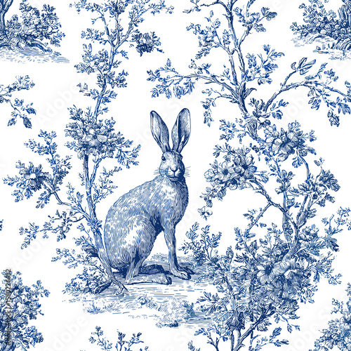 Seamless Pattern – Jackalopes and Sagebrush in Blue and White Toile de Jouy, French Engraving Style with Ornate Classical Layout for Vintage-Inspired Textile Designs