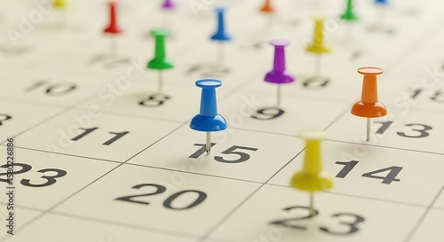 Colorful pushpins mark important dates on a close-up view of a monthly calendar.