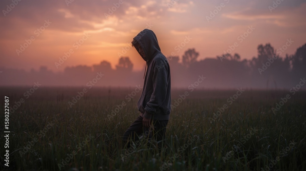 Fototapeta premium Solitary Teenage Boy in Hoodie Walking in Misty Field at Sunset, Symbolizing Sadness or Hope