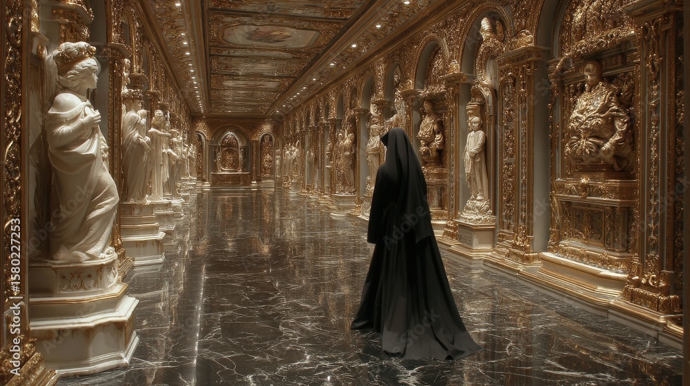 Naklejka premium A nun touching a golden railing inside a baroque-style church corridor