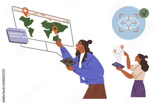Women using tablets and interactive maps with geolocation points, emphasizing navigation, exploration, and tracking. Ideal for technology, travel, cartography, data analysis, global communication